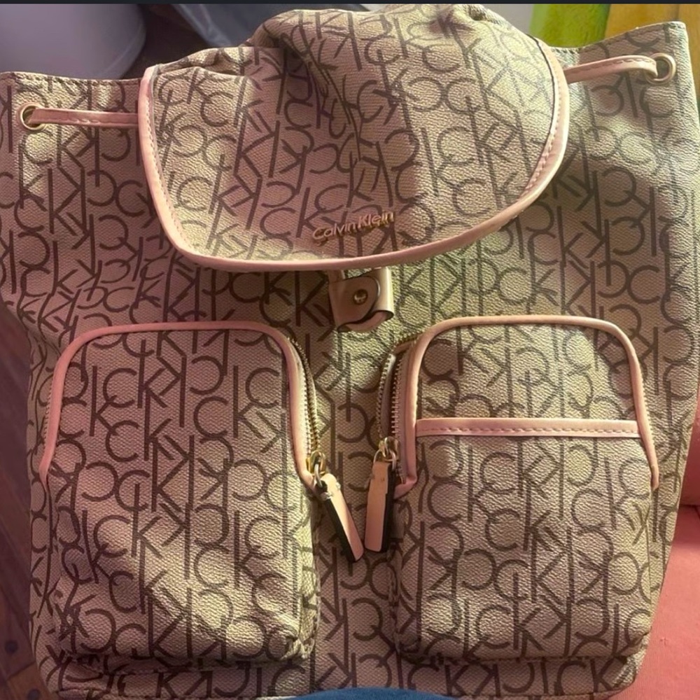 Calvin Klein White & Tan Monogram Backpack, EUC
